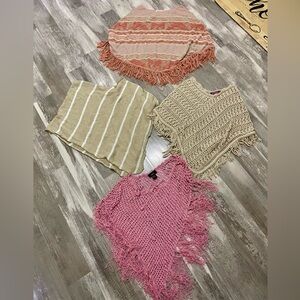 Set of Four Knit Ponchos in Pink, Beige, and Cream